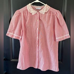 VTG 70s Miss Fashionality Short Sleeve Blouse Peter Pan Lace Collar Trim Rare